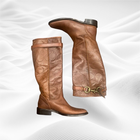 Coach Vivica Tall Brown Saddle Leather Signature C Boot Size 6B Rare - Picture 2 of 8